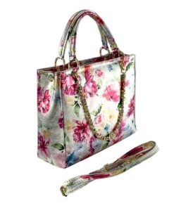 geantă argintie piele naturală cu flori damă