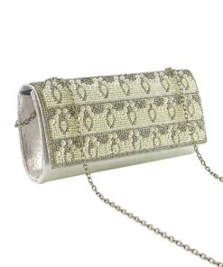 geanta plic argintie cu perle și strasuri