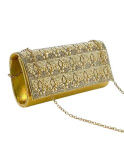 geanta plic aurie cu perle și strasuri