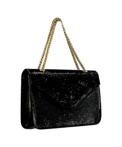 Geantă plic neagră cu detalii strălucitoare și lanț auriu - Un accesoriu deosebit pentru un stil sofisticat!