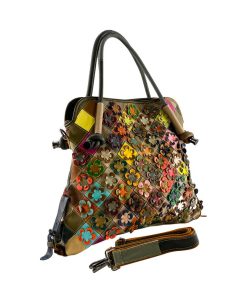 Geantă mare din piele naturală cu flori vibrante și spațiu generos de depozitare