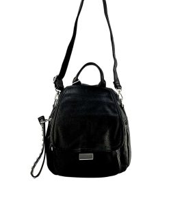 Rucsac mic negru convertibil în geantă din piele ecologică moale, accesorizat cu elemente metalice argintii