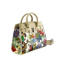 Geantă crem de damă cu flori din piele ecologică, design elegant și lăcățel metalic decorativ.