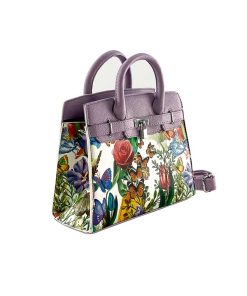 Geantă mov de damă cu flori din piele ecologică, design elegant și lăcățel metalic decorativ.