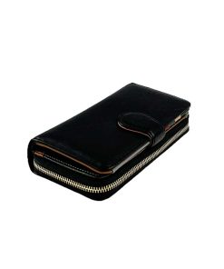 Portofel de damă negru din piele naturală cu textură embosată și închidere elegantă cu fermoar și magnet